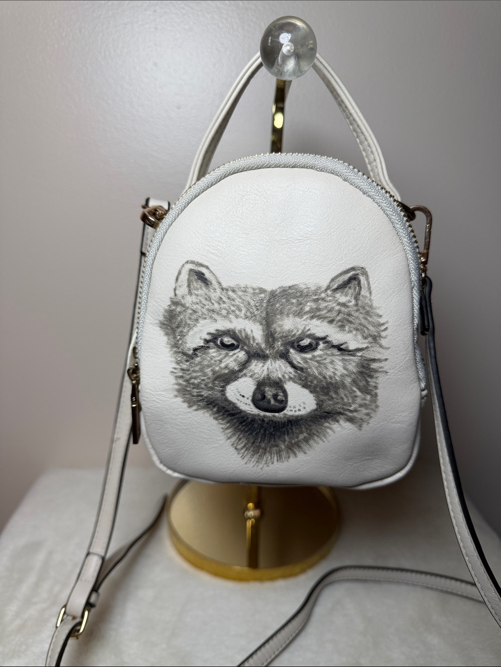 Hand Painted Gray Mini Backpack Purse with Raccoon NEW